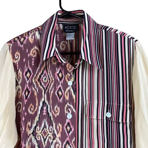Koos of Course Womens 100% Silk Art to Wear Button Front Mixed Print Blouse Sz M - Picture 2 of 6